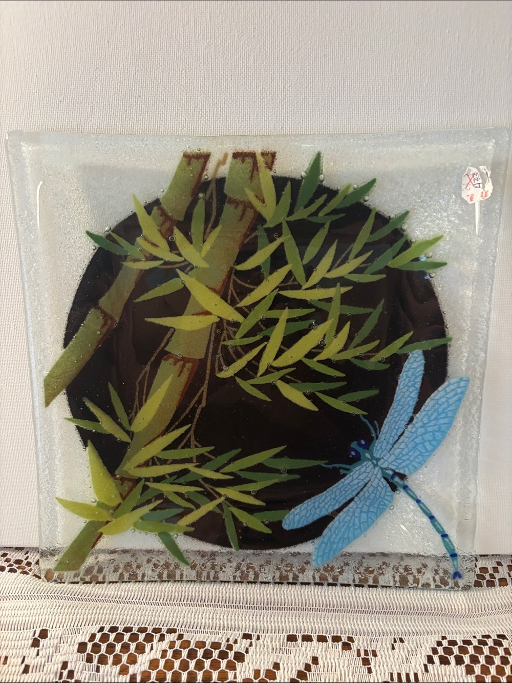 Peggy Karr Fused Dush Featuring a Bamboo and Dragonfly Design
